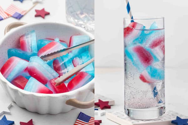 Red White and Blue Ice Cubes in bowl and drink with straw