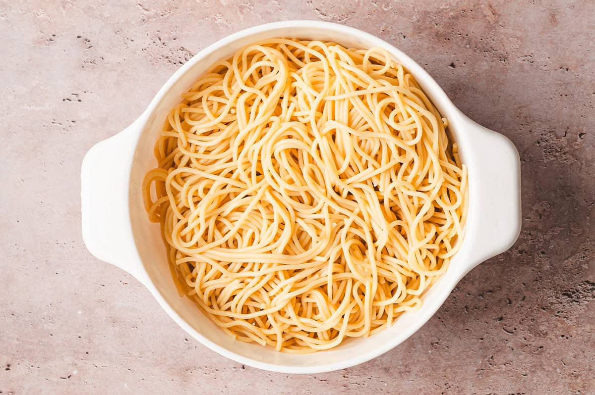 Spaghetti in a colander