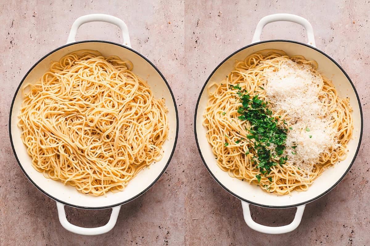 A pan of spaghetti and the same pan topped with parsley and parmesan