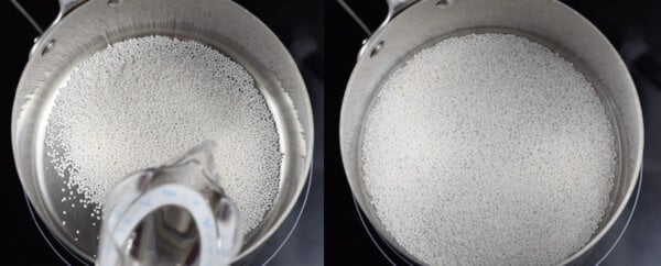 water being poured over tapioca pearls in pot