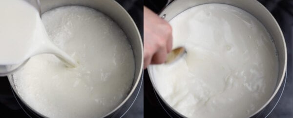 milk being added to tapioca pearls in pot