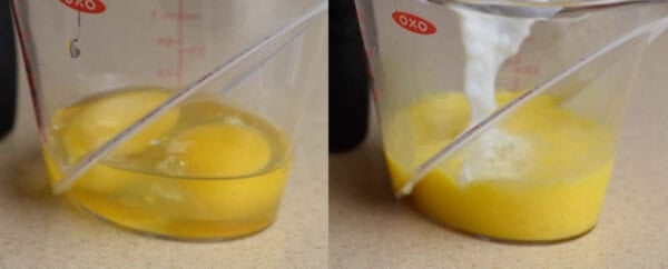 tapioca pudding being mixed with eggs in measuring cup