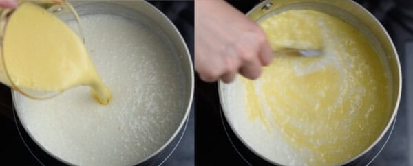 tempered eggs being poured int tapioca pudding in pot