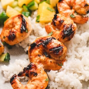 Thai grilled shrimp with rice and pineapple cucumber salad
