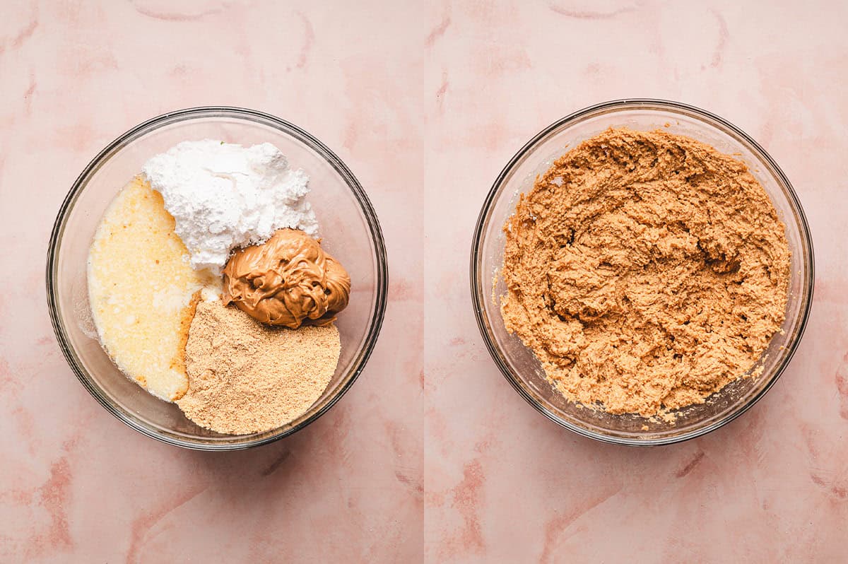 Powdered sugar being added to the melted butter and peanut butter mixture in a glass mixing bowl.