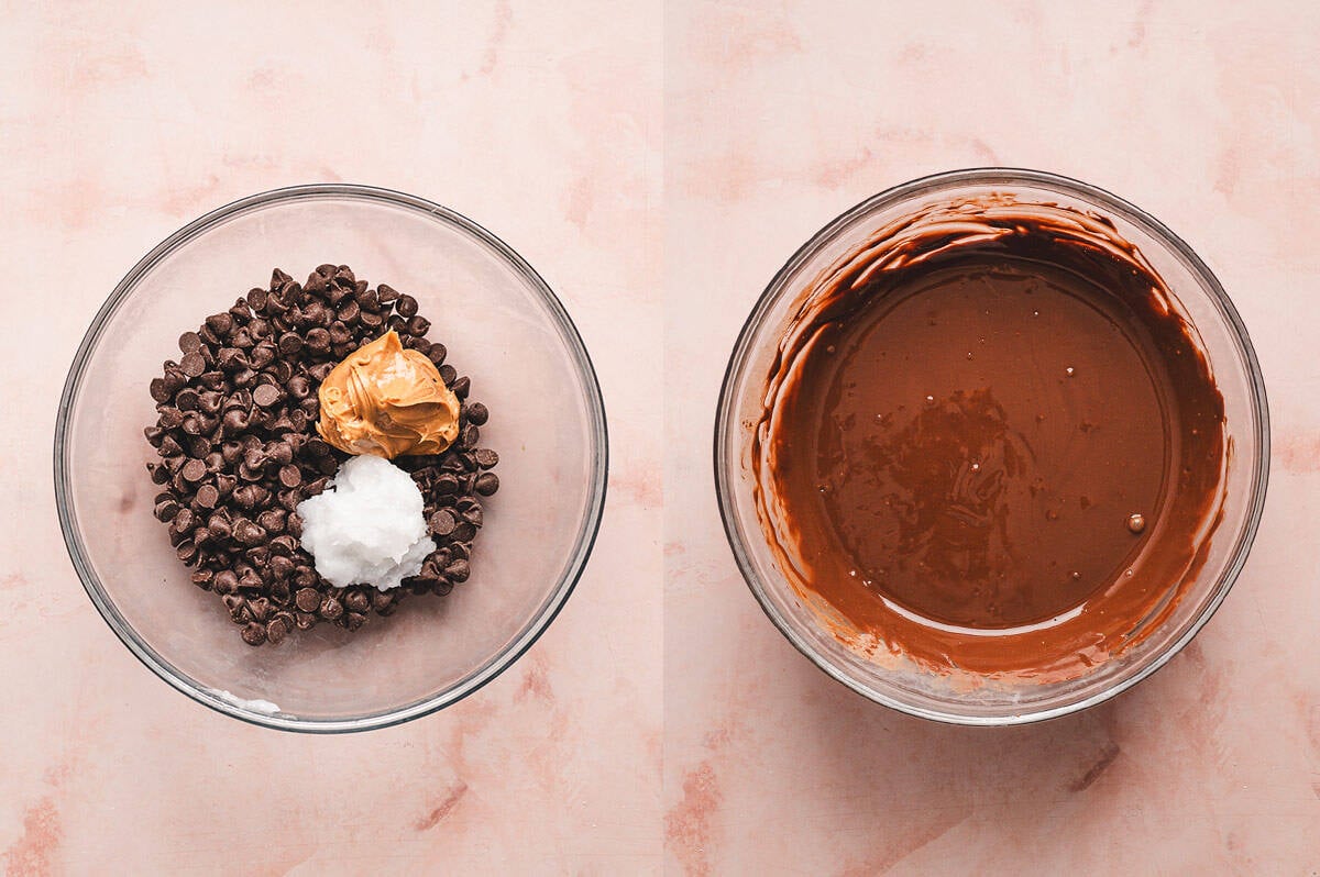 Melted peanut butter, chocolate, and coconut oil in a glass bowl.