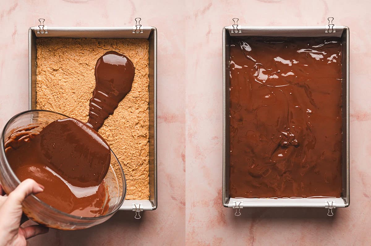 Melted chocolate being poured or spread over the top of the peanut butter layer in the baking dish.