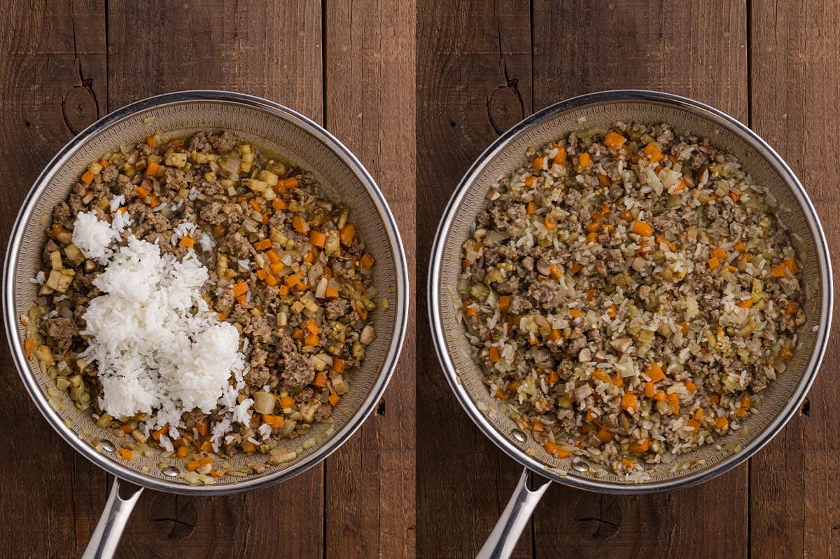 Cooked rice and fresh herbs being stirred into the sautéed vegetable mixture in the pan.