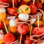 melon balls, salami, mozzarella kabobs