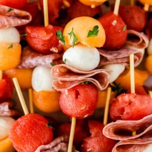 melon balls, salami, mozzarella kabobs