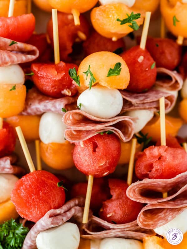 melon balls, salami, mozzarella kabobs