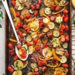 Overhead view of sheet pan ratatouille
