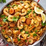 shrimp and chorizo spanish paella in paella pan