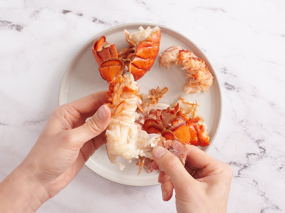 Hands removing lobster meat by peeling away the shell.