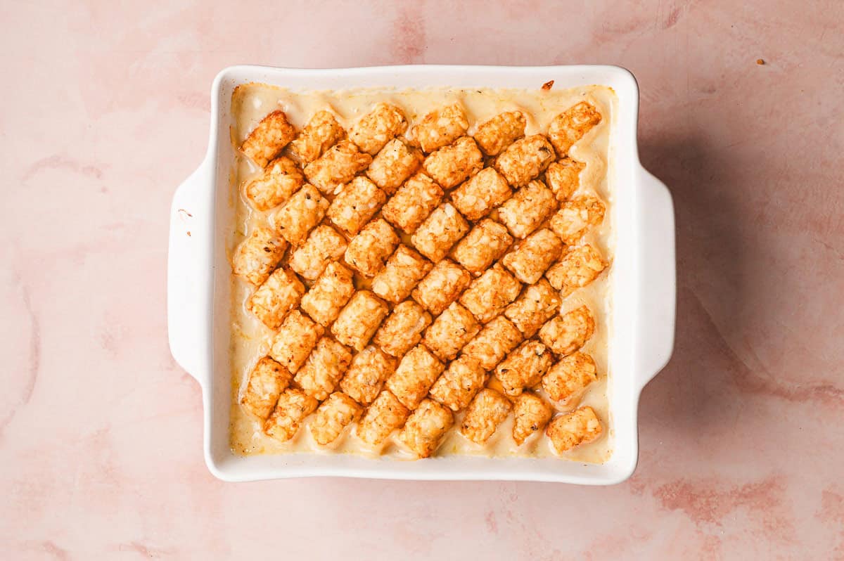 Baked chicken tot pie fresh out of the oven, showing bubbling filling and golden, crispy tater tots.