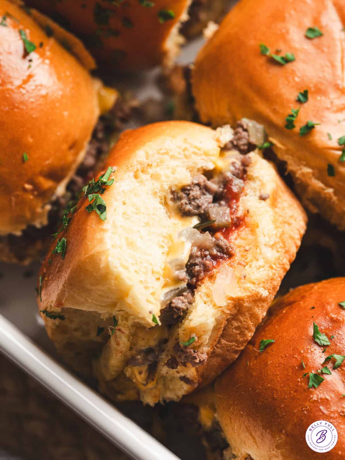 close up chopped cheeseburger on its side