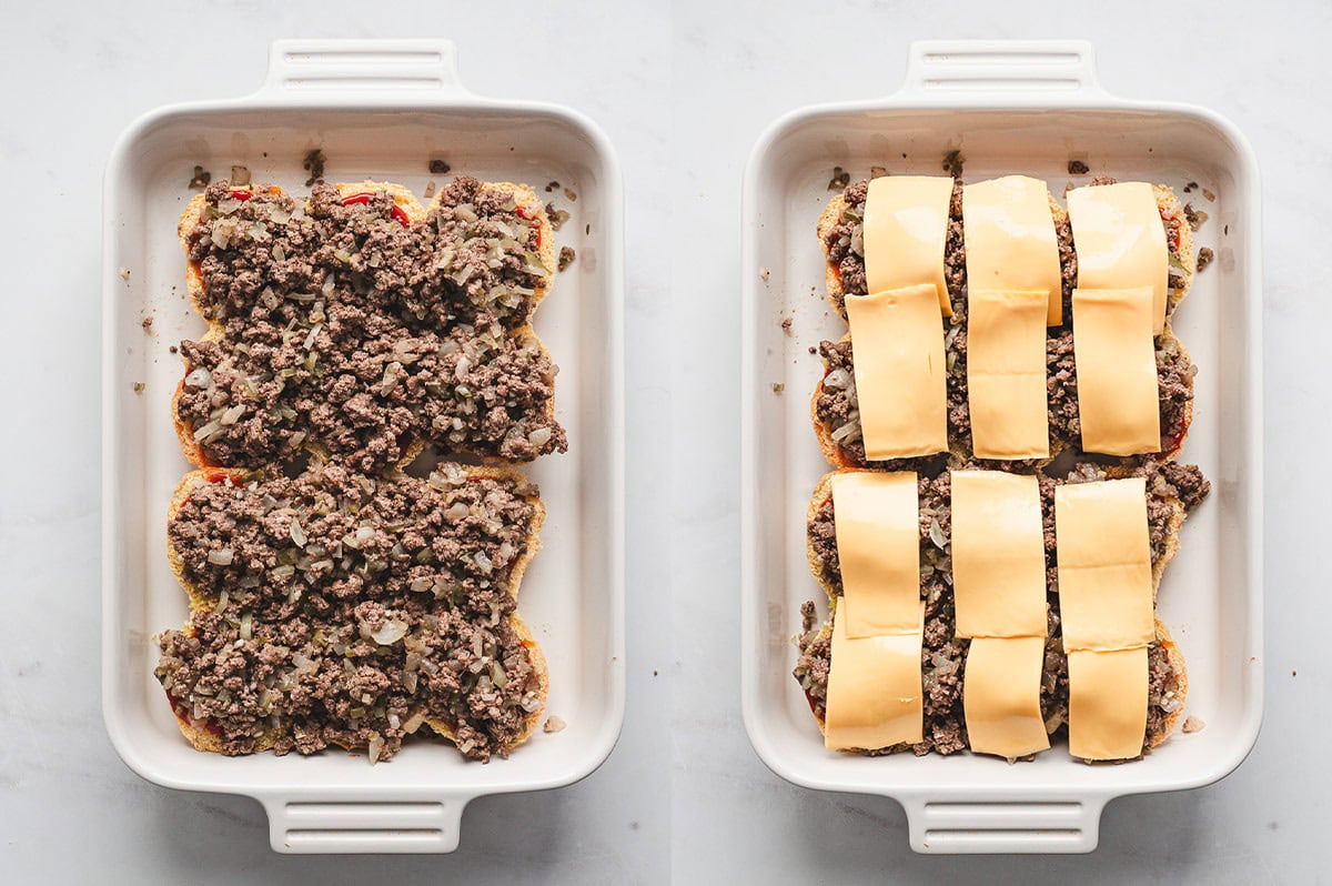 slider buns piled with cheeseburger filling and cheese slices in casserole dish