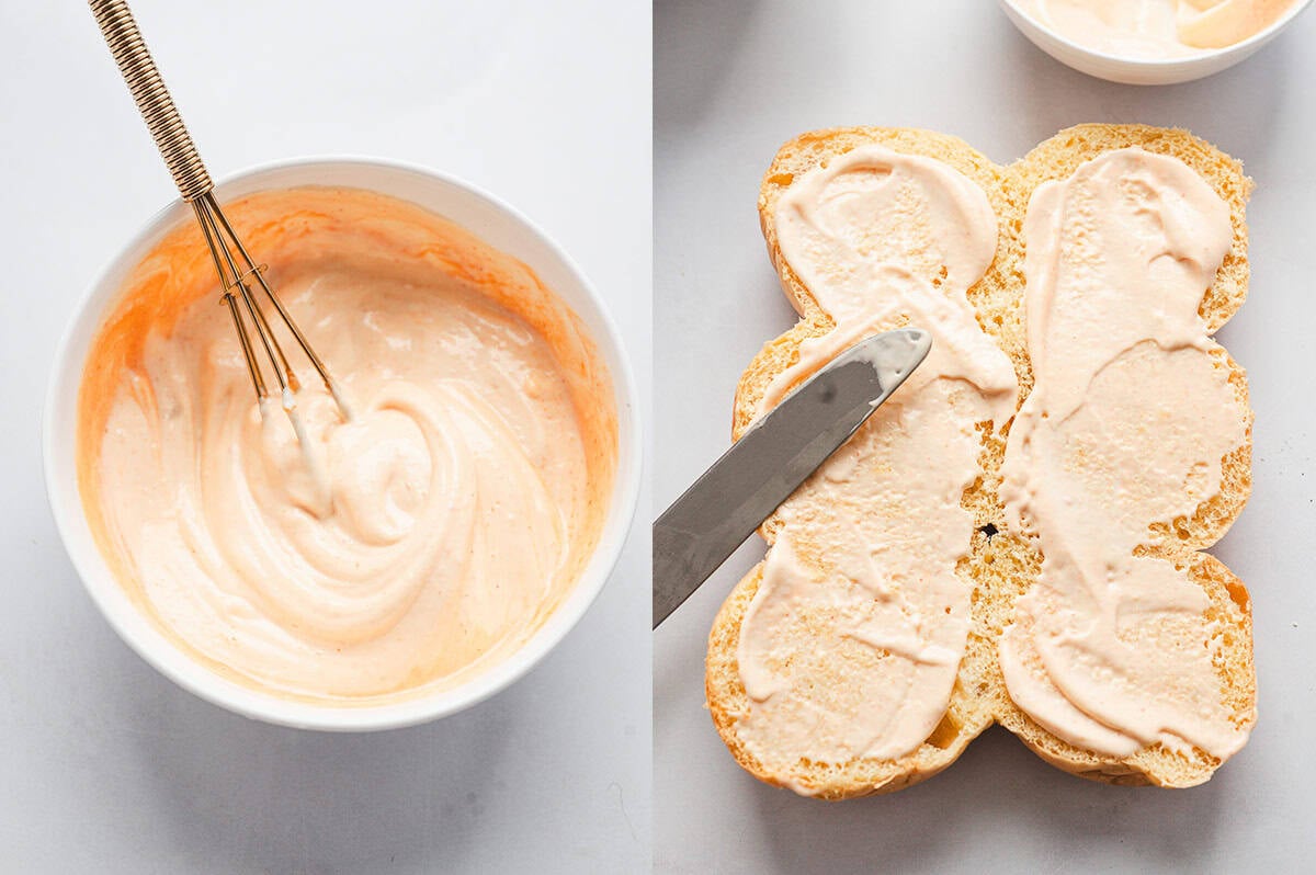 sliced bun tops with sriracha-mayo spread