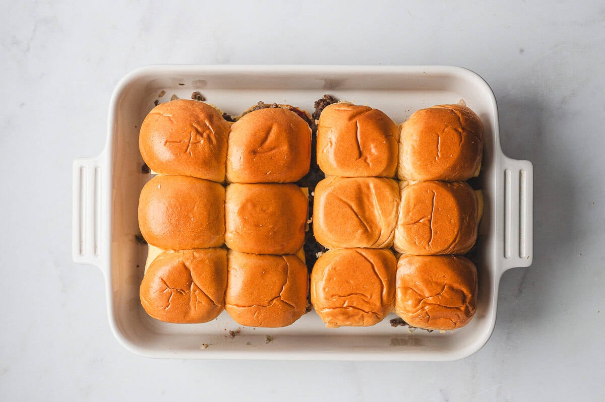 assembled sliders in casserole dish