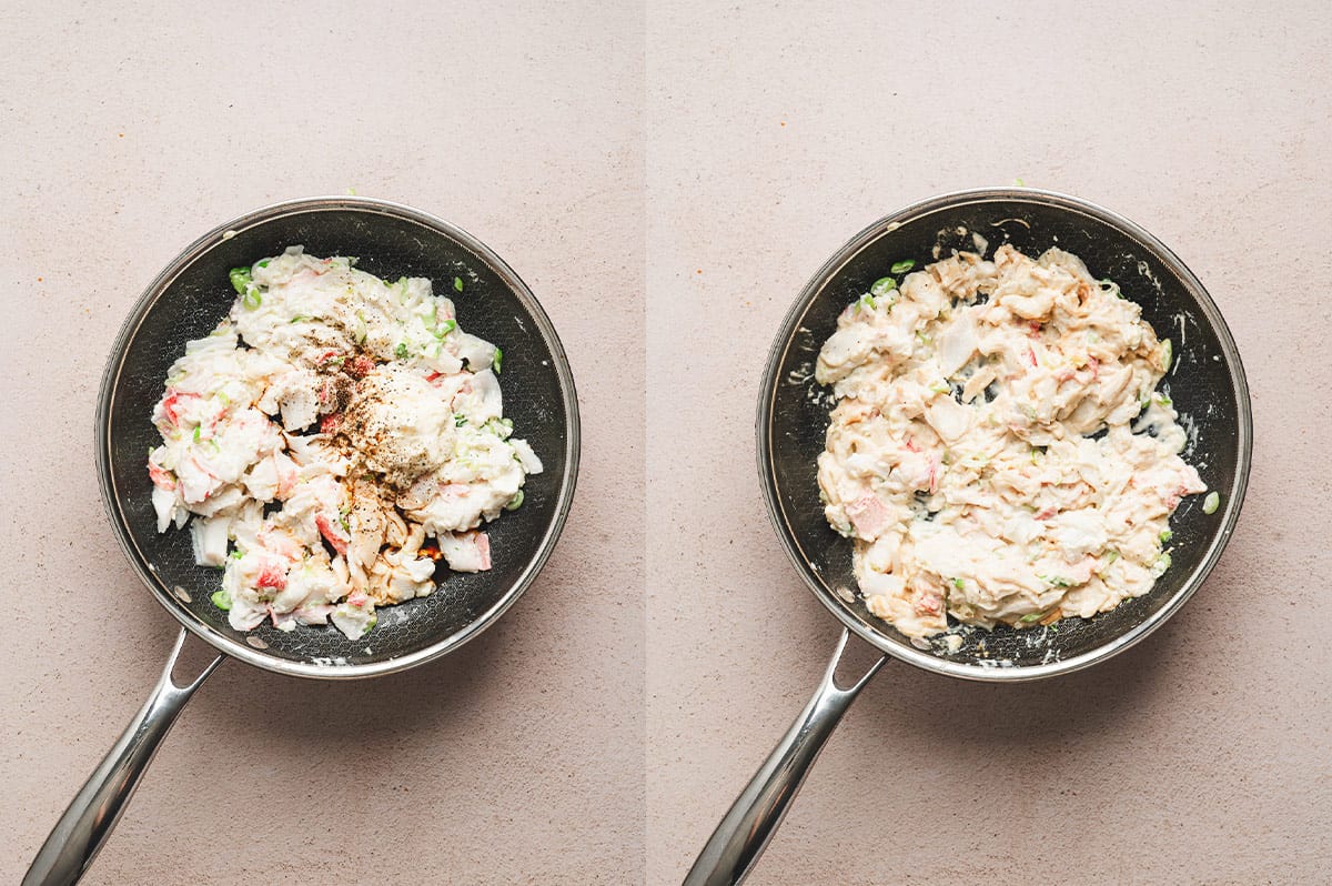 Skillet with crab, cream cheese mixture, and seasonings stirred into a creamy filling.