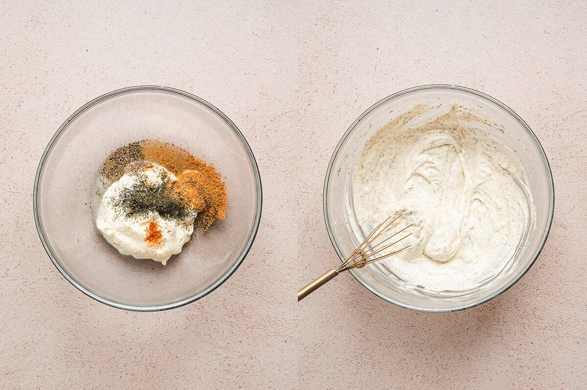 mayonnaise, lemon juice, and seasonings mixed in bowl