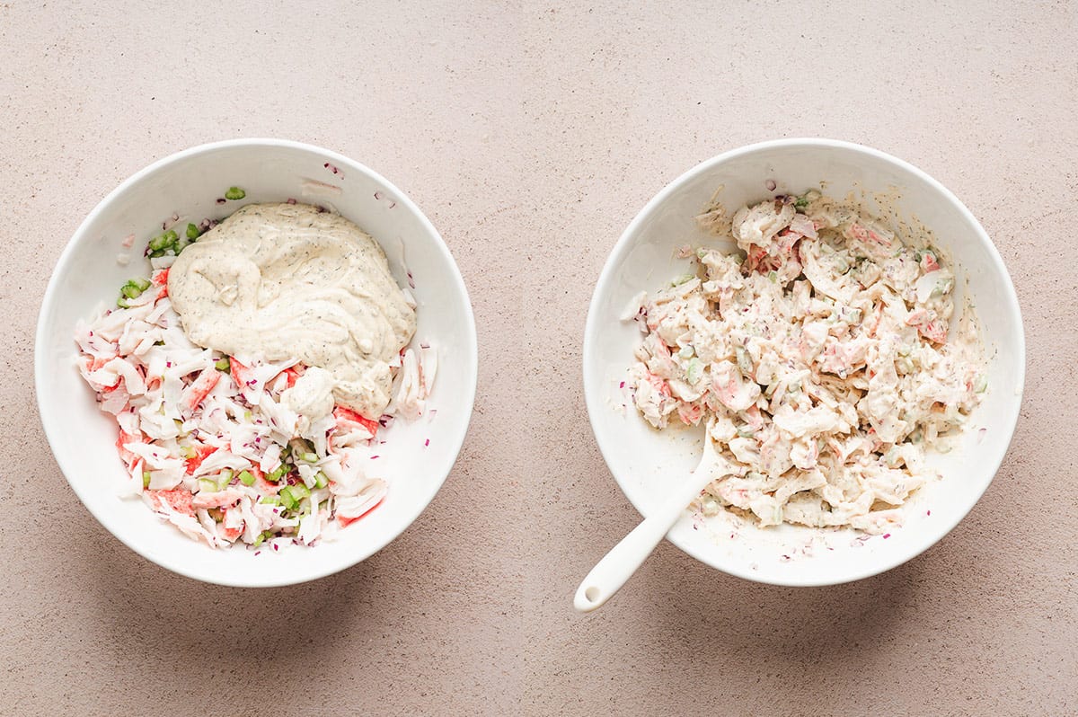 imitation flaked crab meat, diced celery, and red onion mixed with creamy dressing in bowl