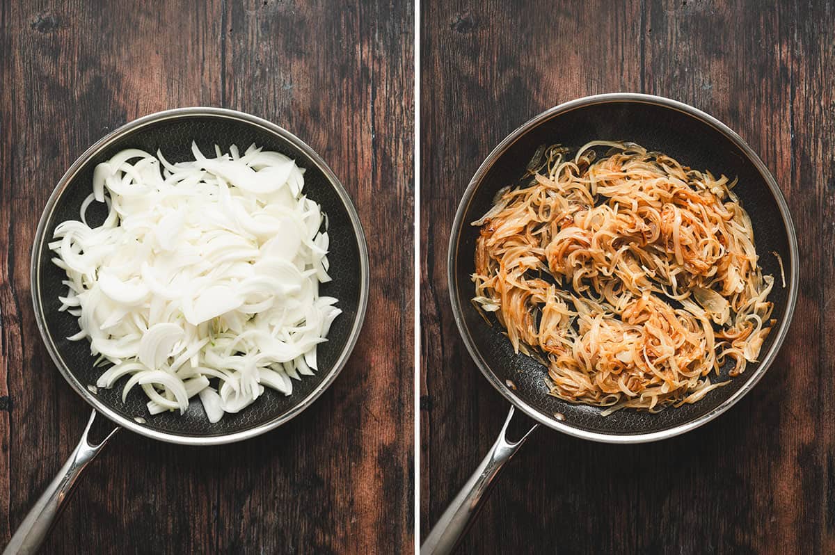 Side-by-side images of sliced raw onions in a skillet on the left, and deeply golden caramelized onions in the same skillet on the right.