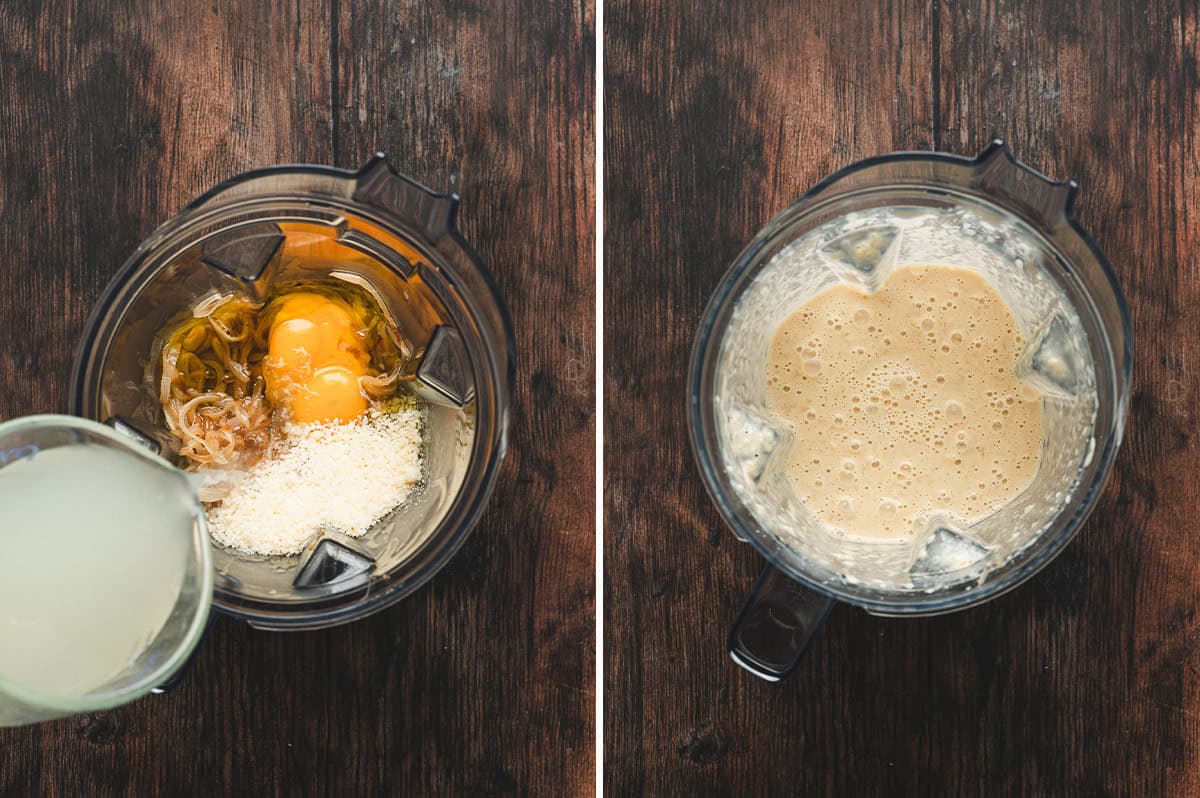 Side-by-side images showing caramelized onions, egg yolks, Parmesan, and pasta water in a blender on the left, and the blended smooth creamy onion sauce on the right.