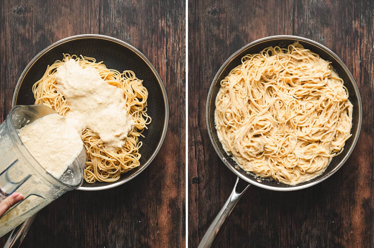 Side-by-side images of the blended onion sauce being poured over spaghetti in a skillet on the left, and the pasta tossed until coated in sauce on the right.
