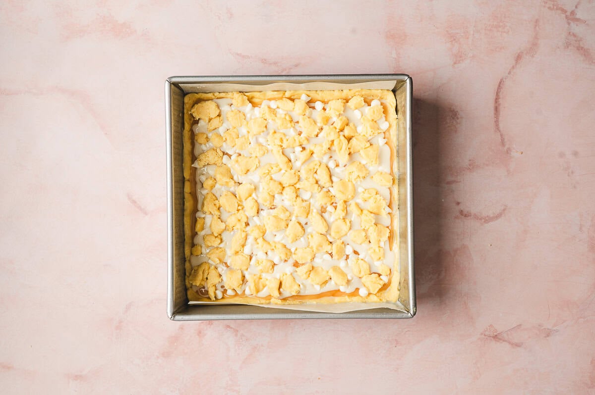 unbaked lemon bars in square baking dish