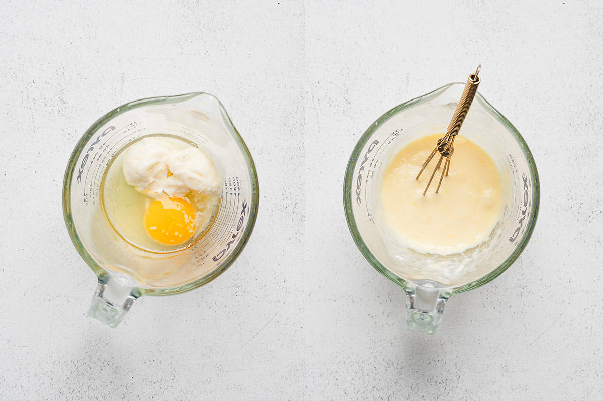Two glass measuring cups: one with an egg, mayonnaise, and salt before whisking, and the other with the mixture whisked until pale and creamy.