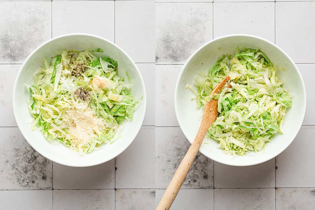 Bowl of shredded iceberg lettuce topped with Parmesan, oregano, garlic powder, and seasonings before tossing.