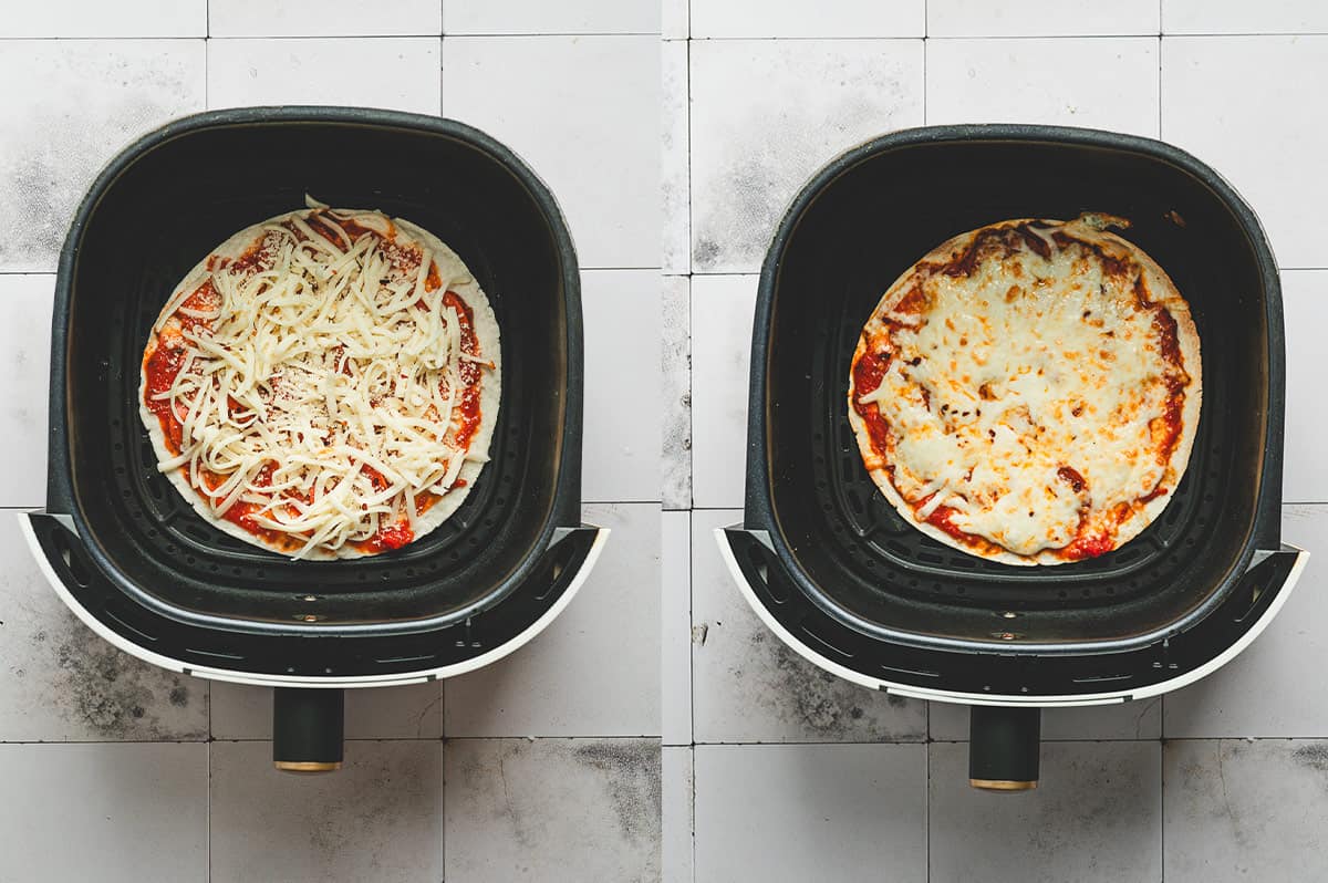 Side-by-side shots of tortilla in the air fryer: one with uncooked cheese, one golden and melted after cooking.