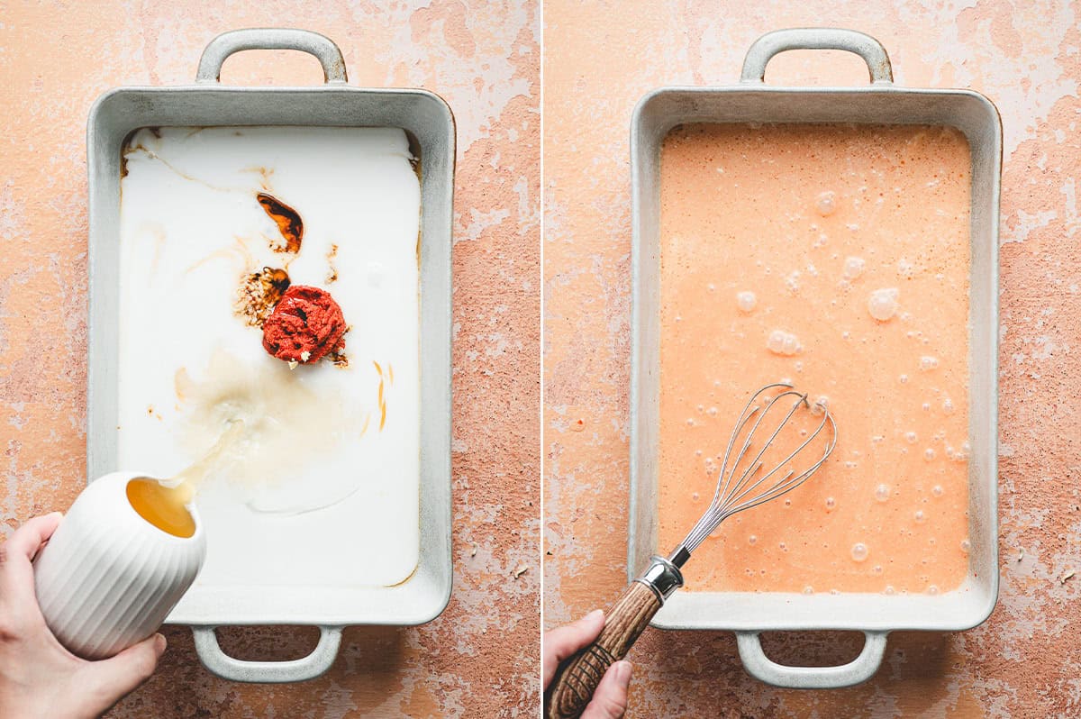 Side-by-side process photos showing a casserole dish with coconut milk, curry paste, soy sauce, and other sauce ingredients on the left, and the whisked creamy curry sauce on the right.