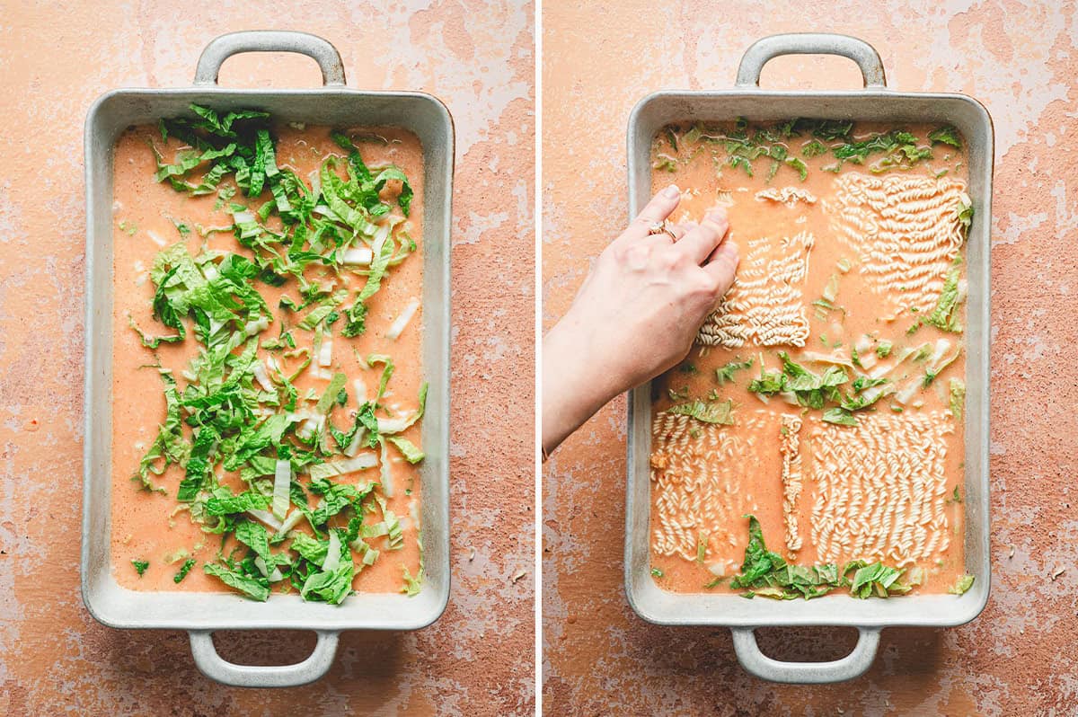 Side-by-side process photos showing shredded Napa cabbage scattered over the curry sauce on the left, and ramen noodle sheets being pressed into the liquid on the right.