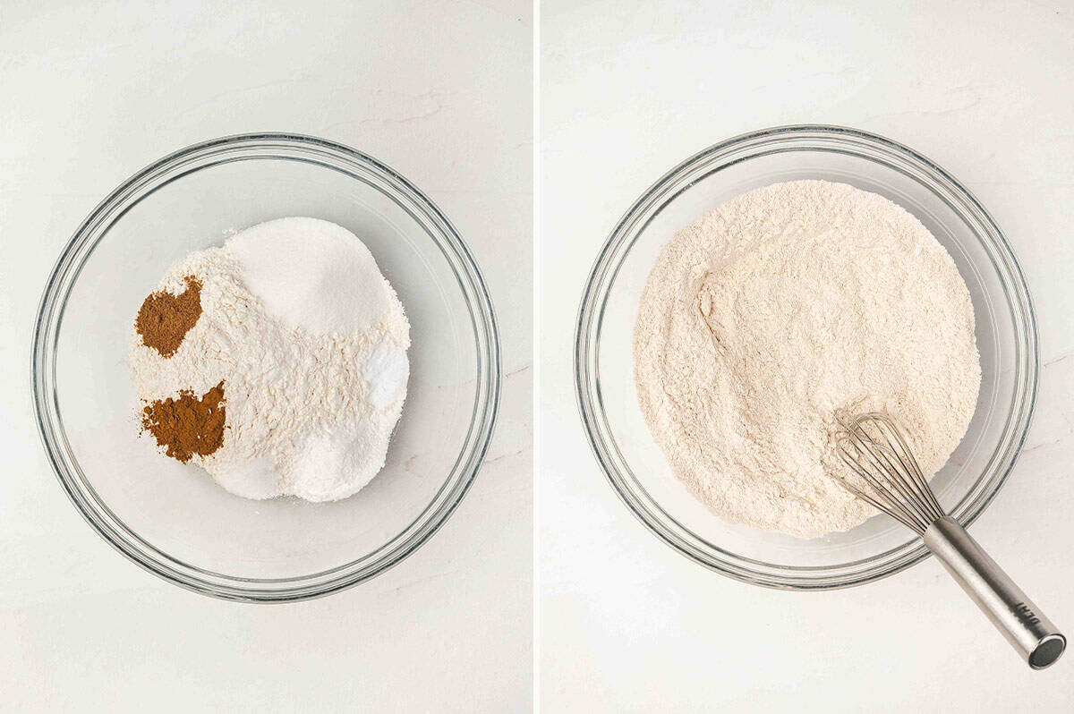 Two bowls side by side, one showing flour, sugar, and spices before mixing, the other showing the dry mixture whisked together.