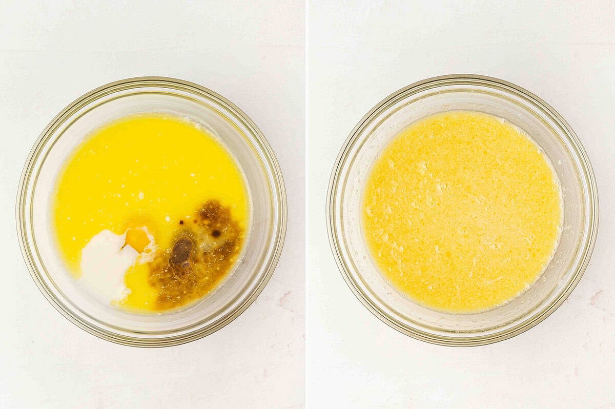 Two bowls side by side, one with melted butter, egg, buttermilk, and vanilla before mixing, the other whisked smooth.