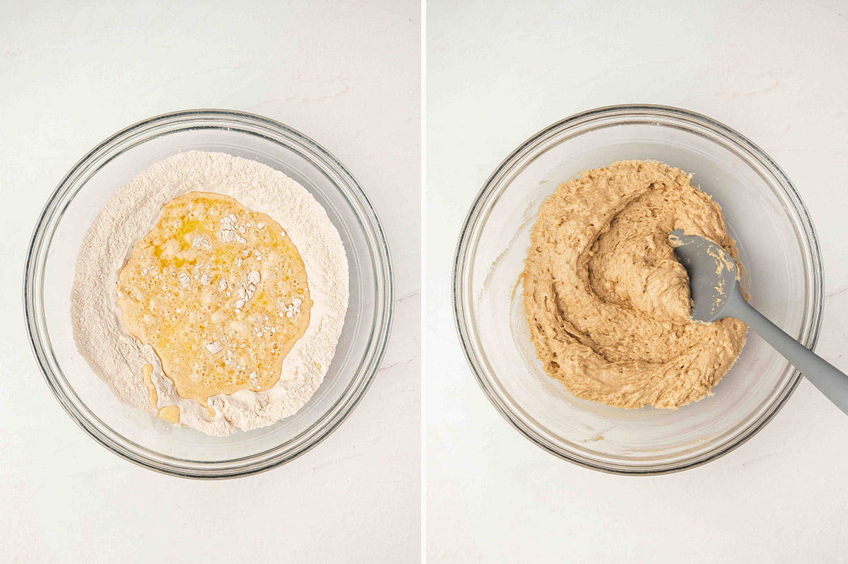 Two bowls side by side, one with wet ingredients poured into the dry, the other showing the combined batter mixed together.