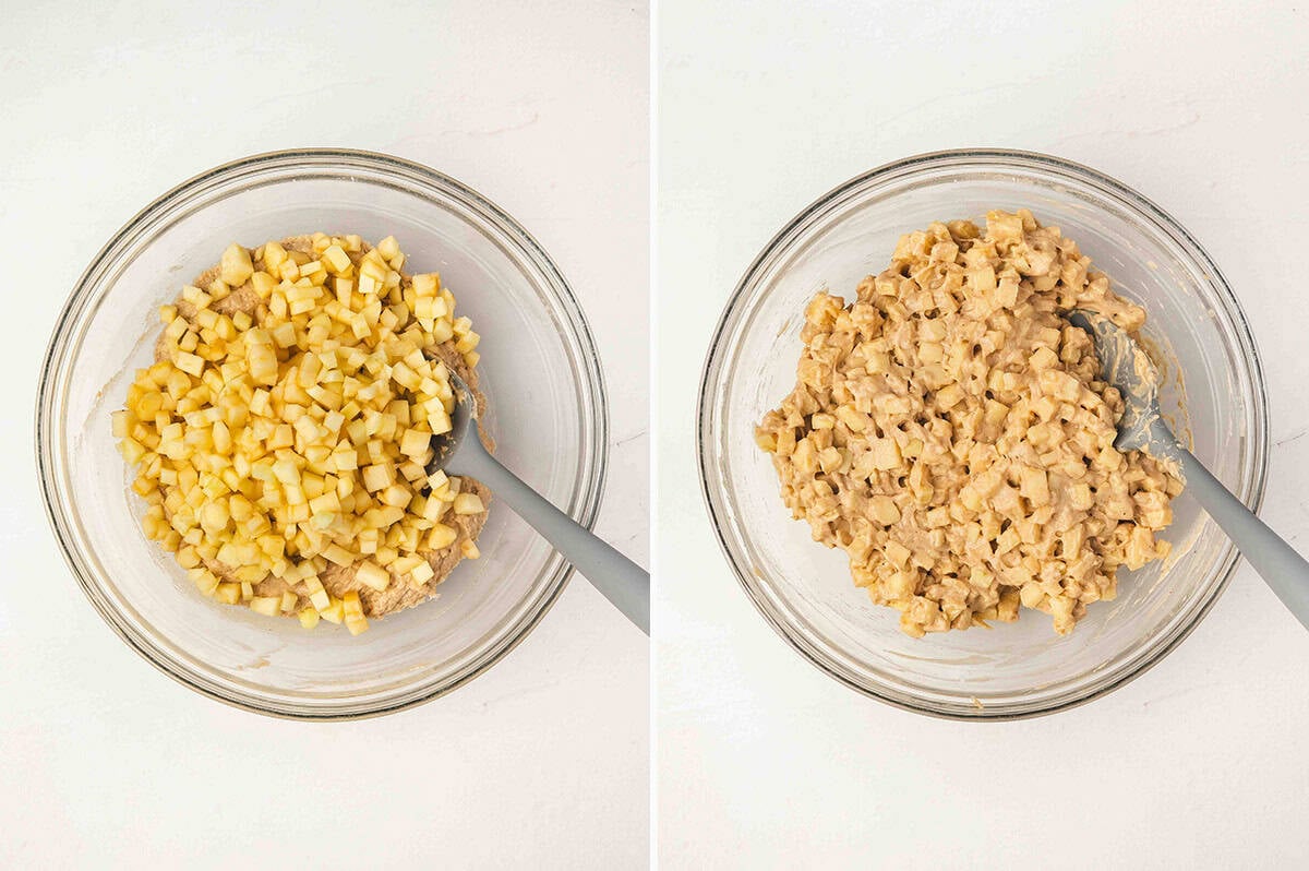 Two bowls side by side, one with chopped apples added to the batter, the other showing apples fully folded in.