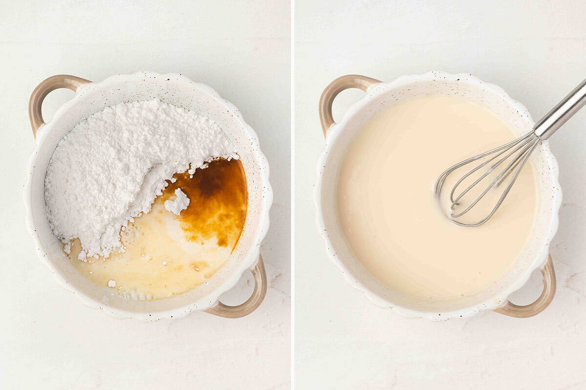 Two bowls side by side, one with powdered sugar, milk, and vanilla before mixing, the other whisked into a smooth glaze.
