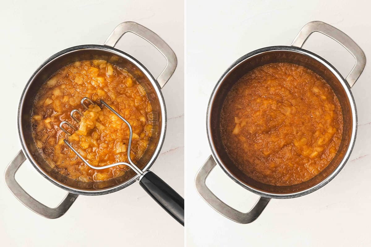 Two photos side by side โ on the left, apples being mashed with a potato masher; on the right, the mixture thickened into a chunky purรฉe.