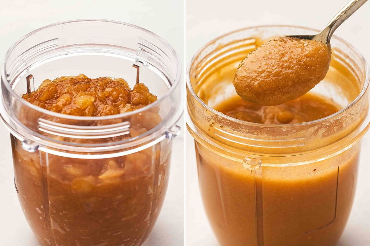 Two photos side by side โ on the left, cooked apple mixture in a blender cup; on the right, blended smooth apple purรฉe on a spoon.