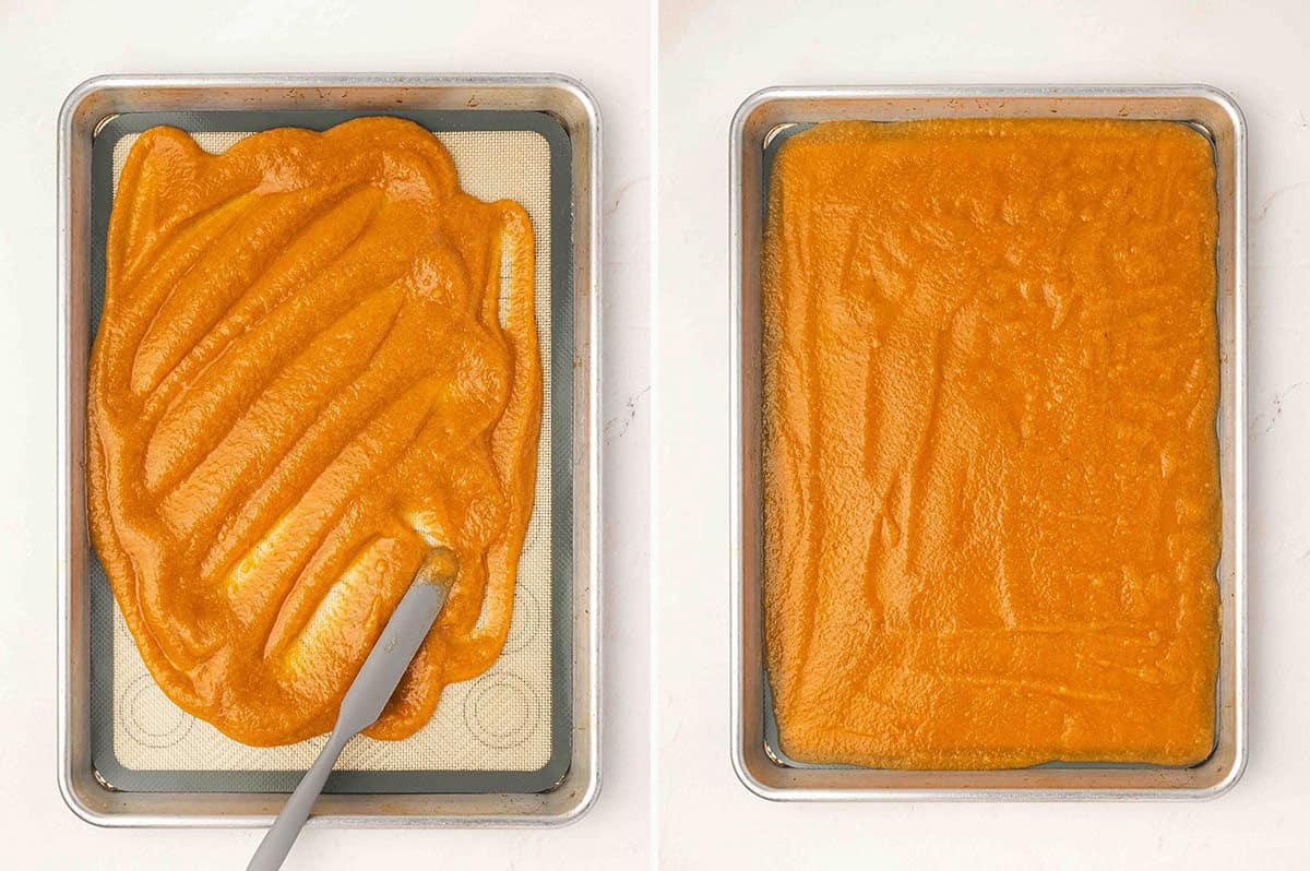 Two photos side by side โ on the left, apple purรฉe being spread with a spatula on a silicone-lined baking sheet; on the right, purรฉe smoothed into an even layer.