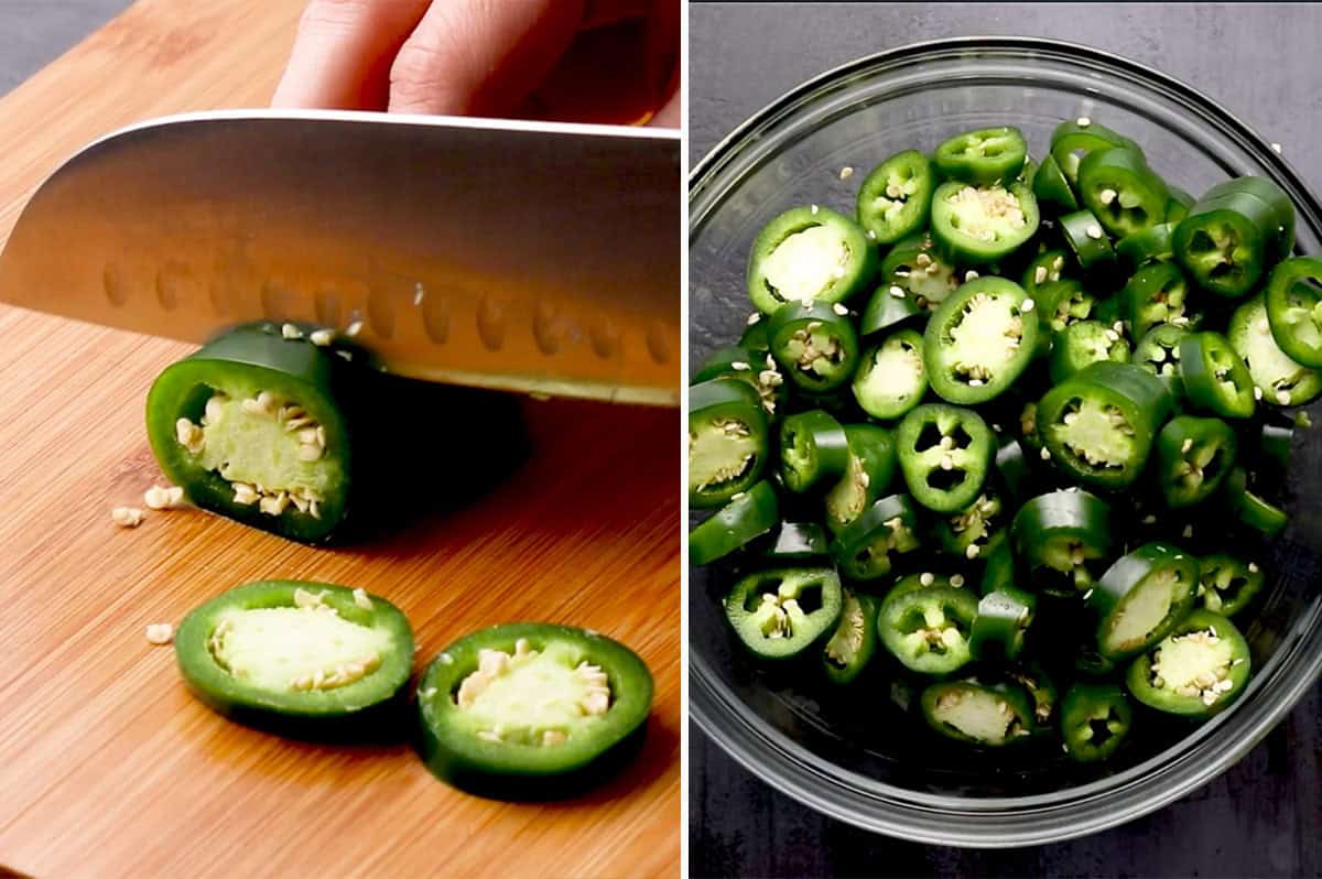 sliced jalapenos in bowl