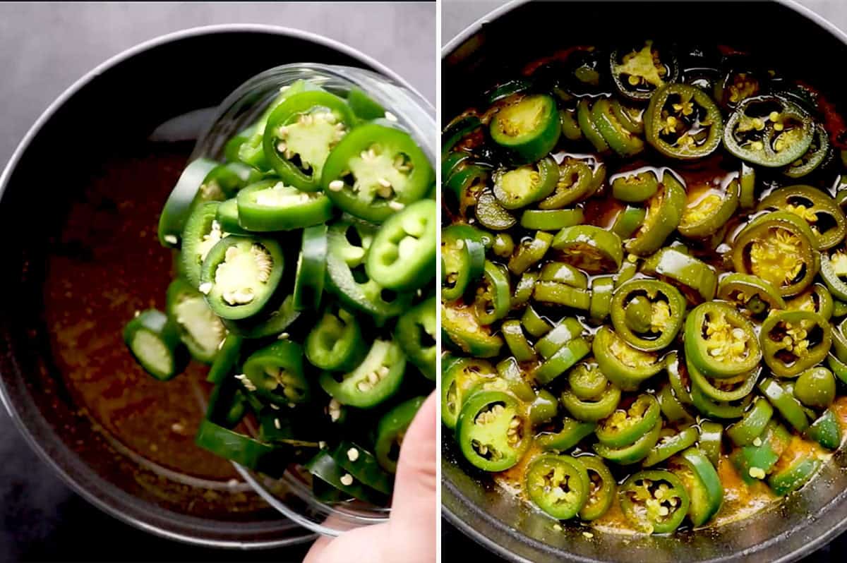 sliced jalapenos simmering in brine