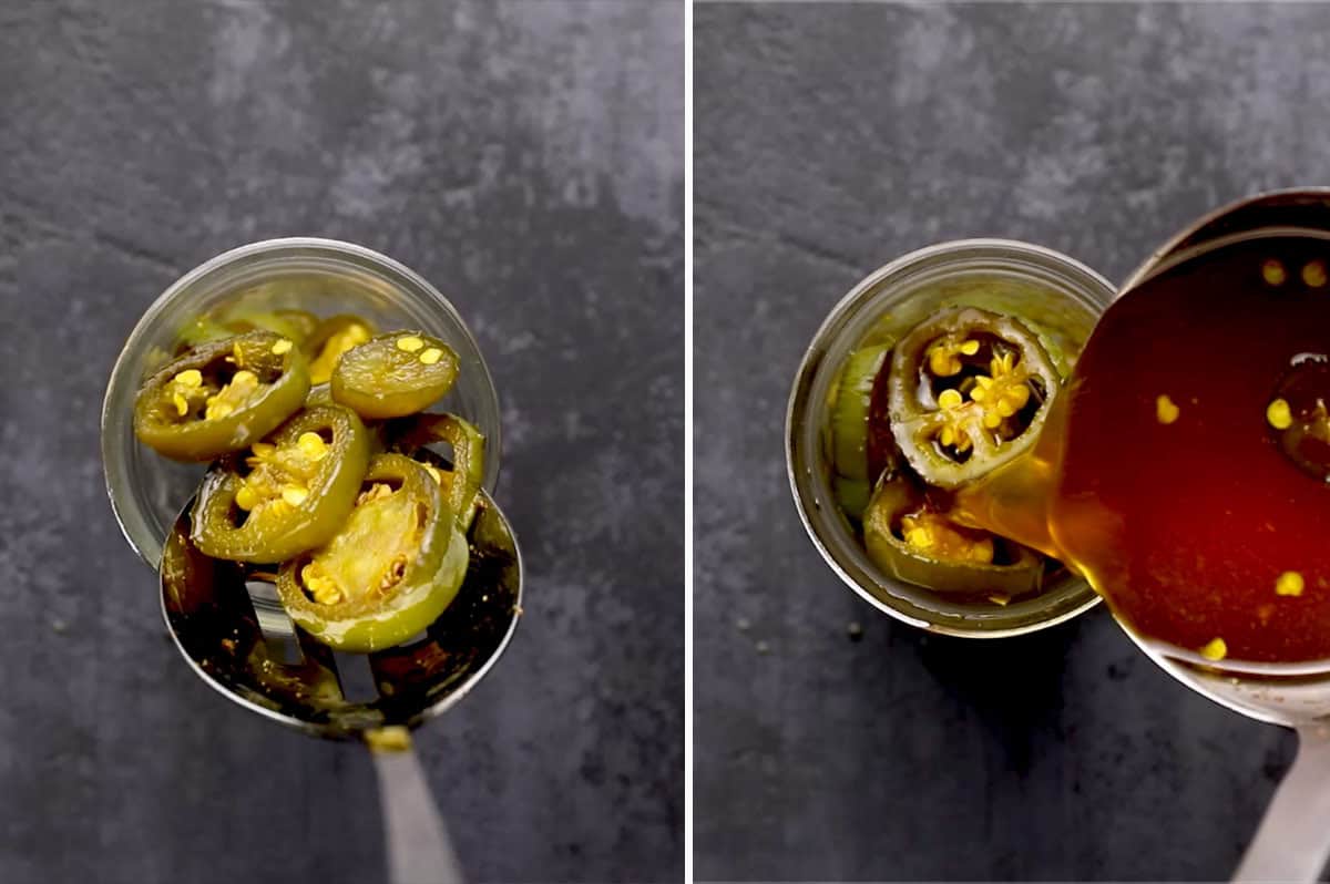 Candied Jalapeños being spooned into glass jar