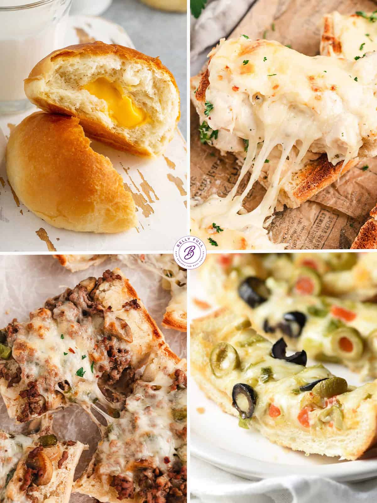 4 image collage of different cheesy breads