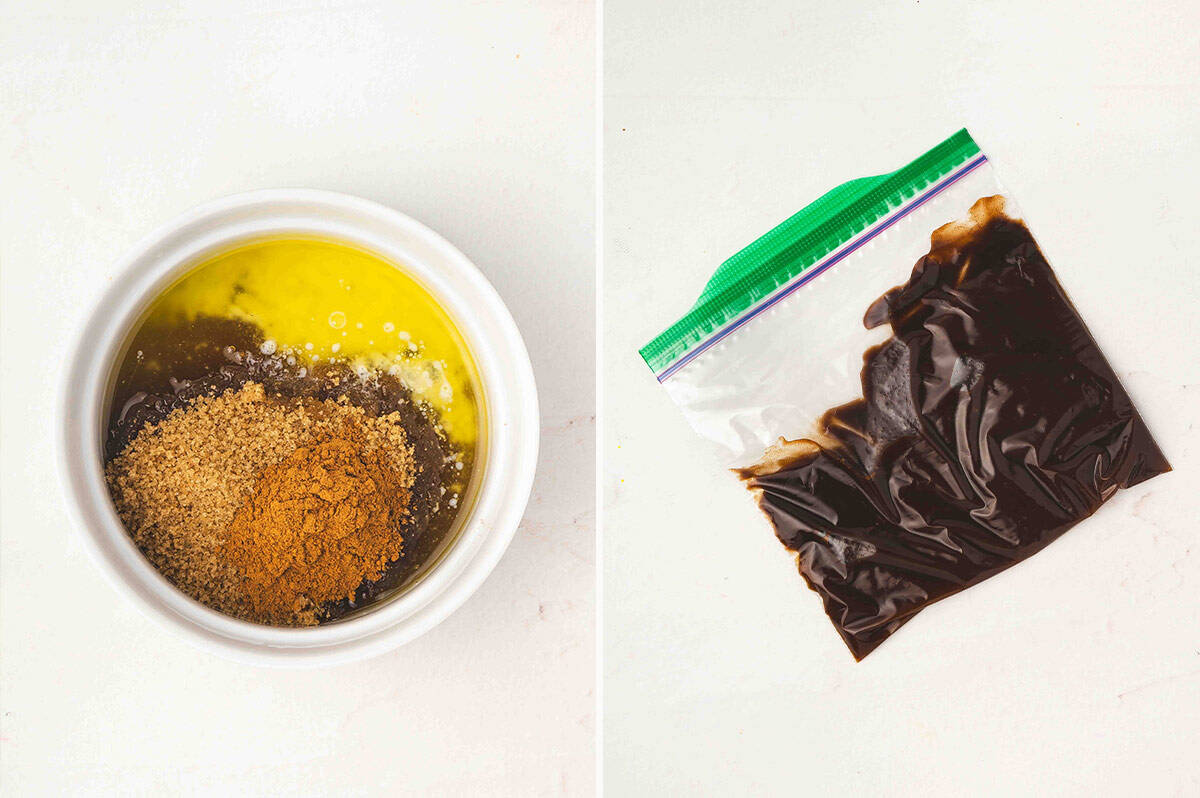 A small bowl filled with melted butter, brown sugar, and cinnamon beside a plastic bag filled with the mixed cinnamon-sugar swirl.