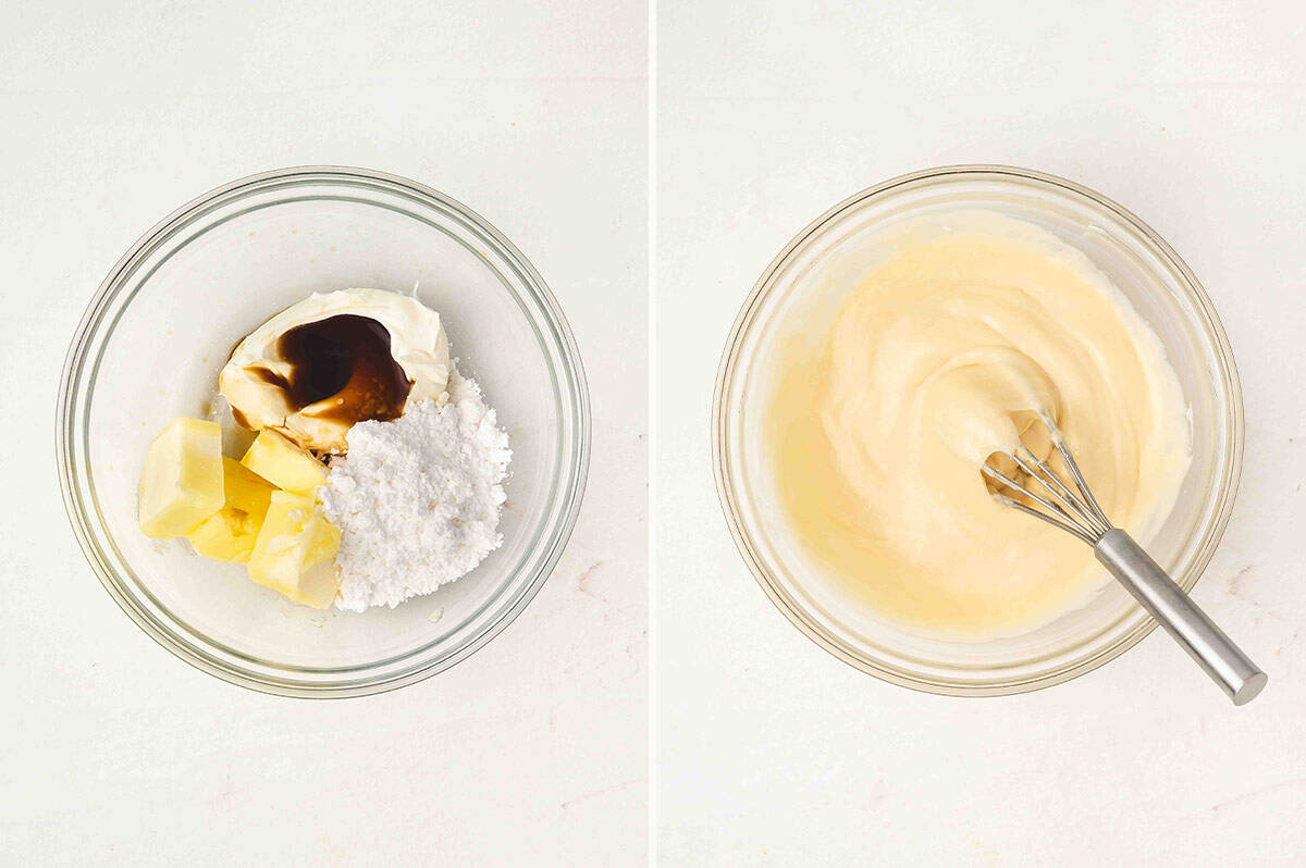Side-by-side images of butter, cream cheese, powdered sugar, and vanilla in a bowl, and the same mixture whisked into a smooth cream cheese icing.