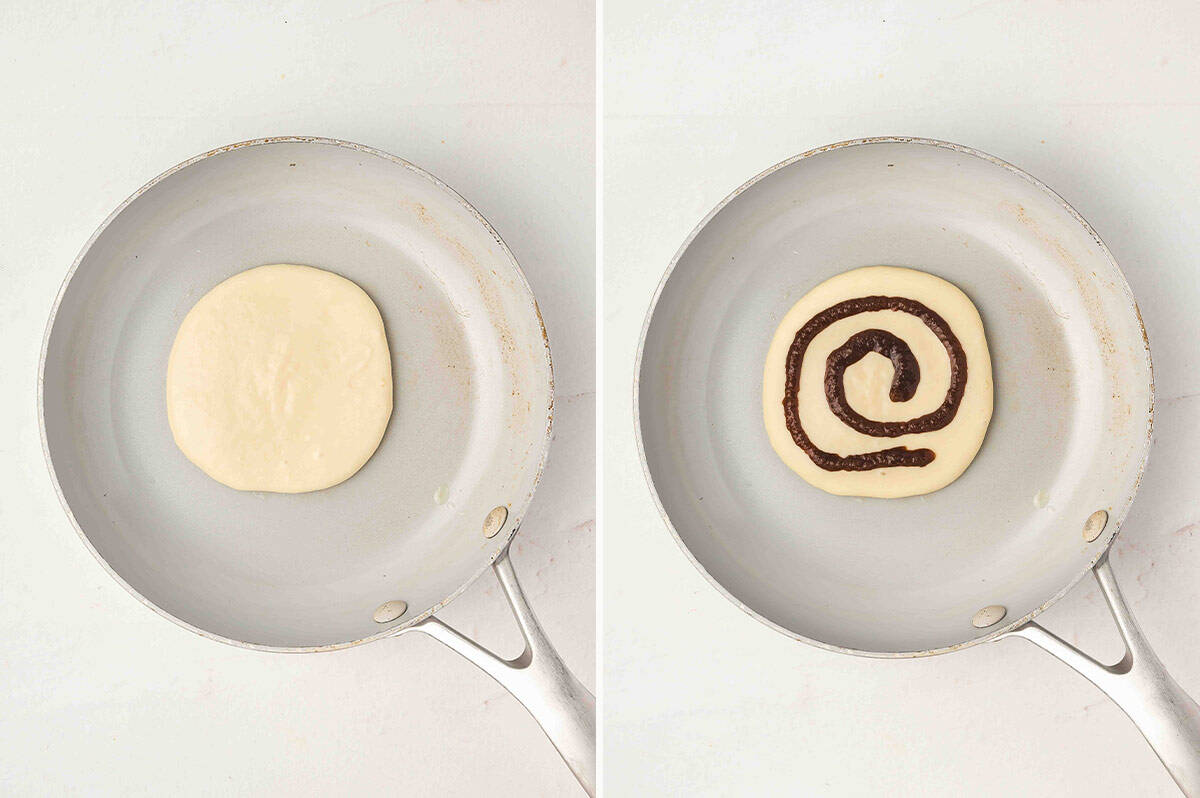 Side-by-side images of pancake batter poured into a skillet, and the same pancake topped with a spiral of cinnamon-sugar filling.